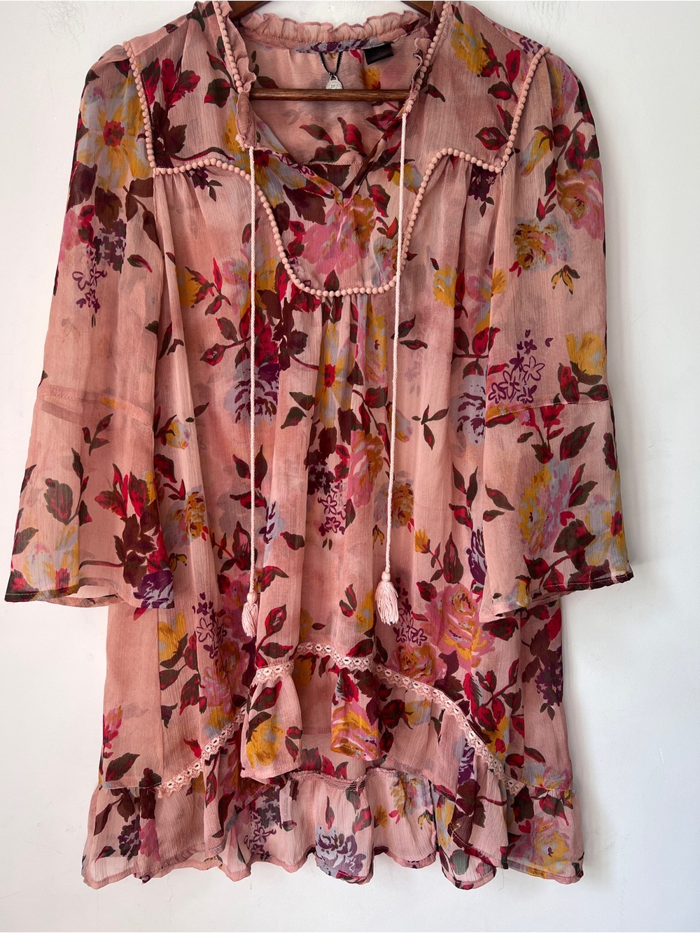 BKE Pink Floral Sheer Peasant Tunic with Tassels